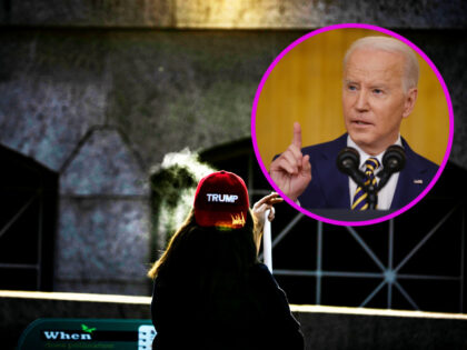 [Inset: Joe Biden] A woman wearing a Trump hat smokes a cigarette as the "Million MAG